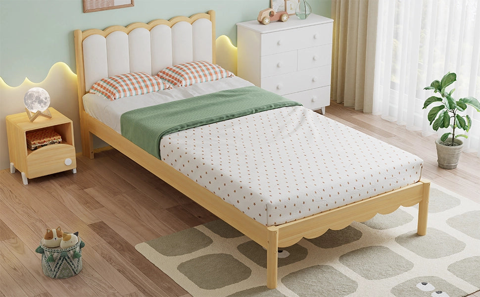 Letto singolo per bambini imbottito 90 × 200 cm con testiera in PU rete a doghe in legno beige e naturale