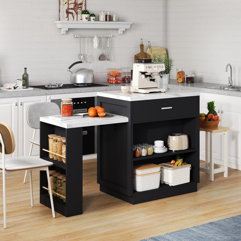Mobile base da cucina con tavolo estraibile per 2–6 persone; prese USB; nero 211 × 55 × 89.5 cm