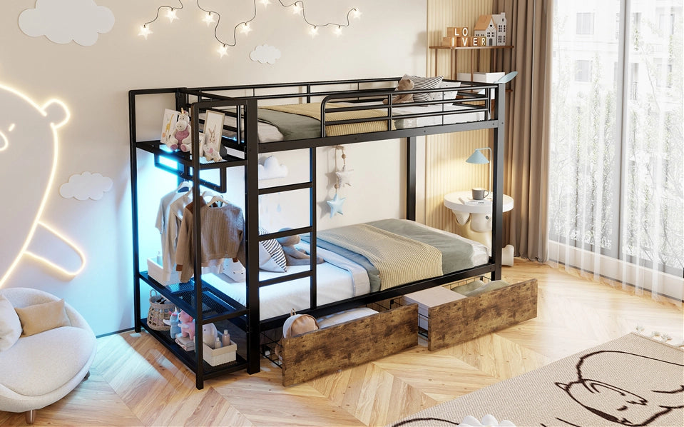 Letto a castello 90x200 cm con LED; 2 cassetti e ripiani in metallo e MDF nero