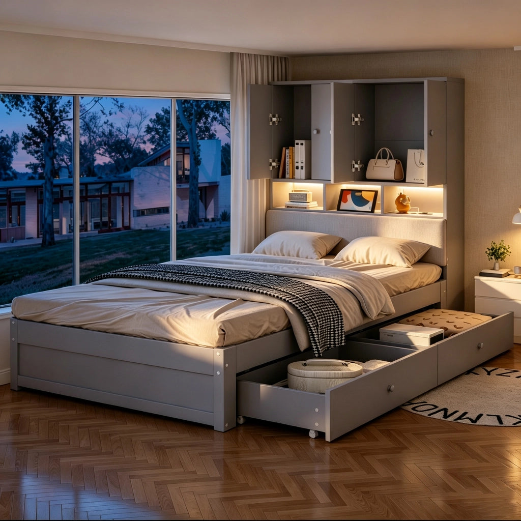 Letto singolo 90 × 200 cm con contenitore testiera imbottita luci led e presa in legno grigio
