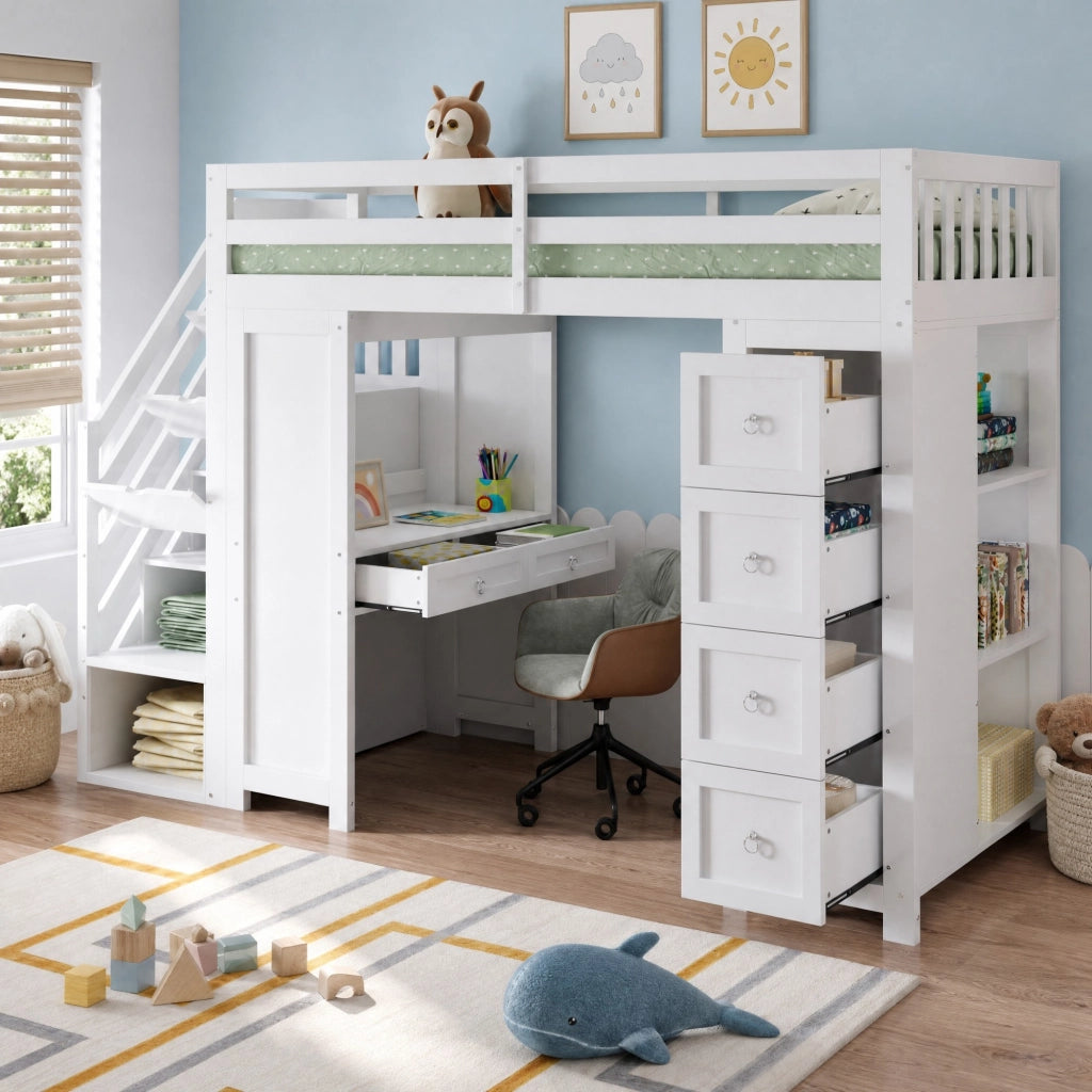 Letto a soppalco 90x200 cm bianco in pino, MDF e truciolato con scrivania