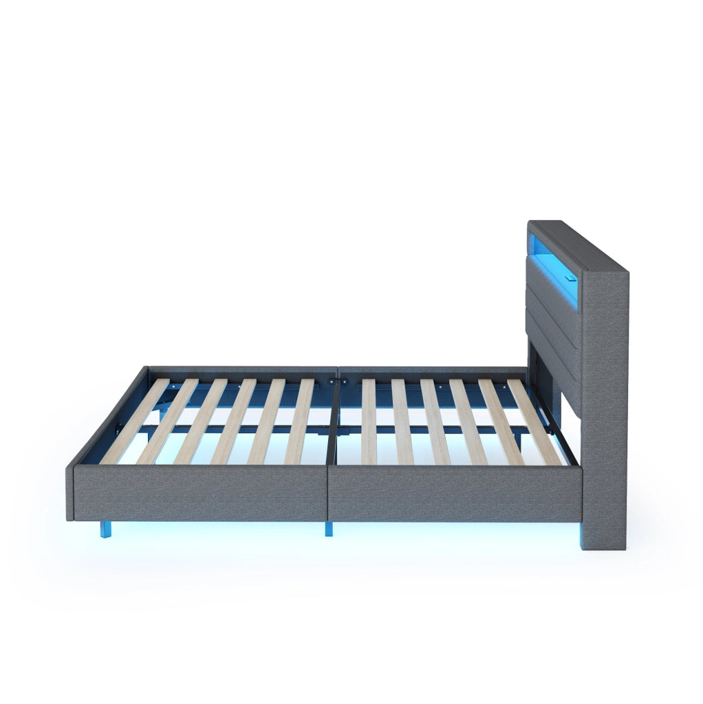 Letto imbottito 140x200 cm con LED, USB e testiera contenitore