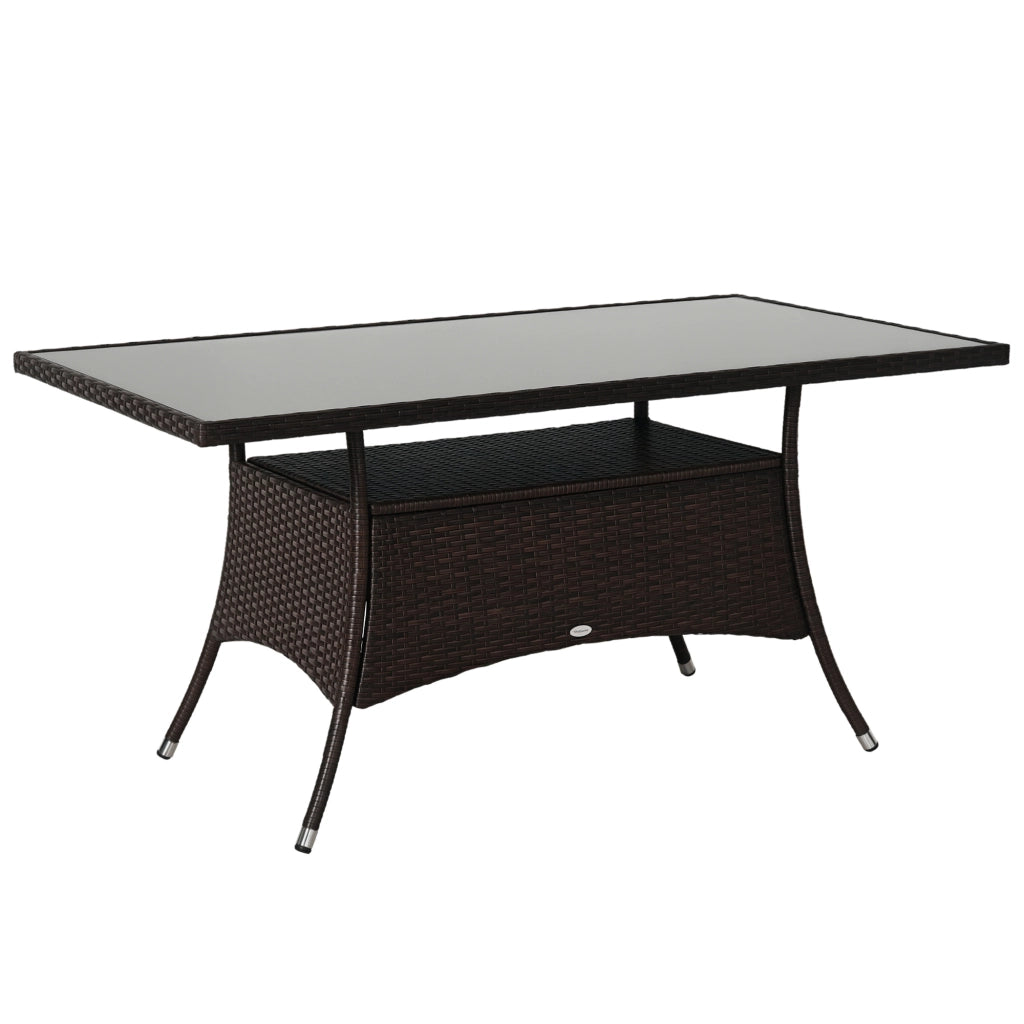 Tavolo da giardino da pranzo in polyrattan e vetro temperato marrone e nero robusto per esterno 150x85x74cm