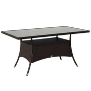 Tavolo da giardino da pranzo in polyrattan e vetro temperato marrone e nero robusto per esterno 150x85x74cm