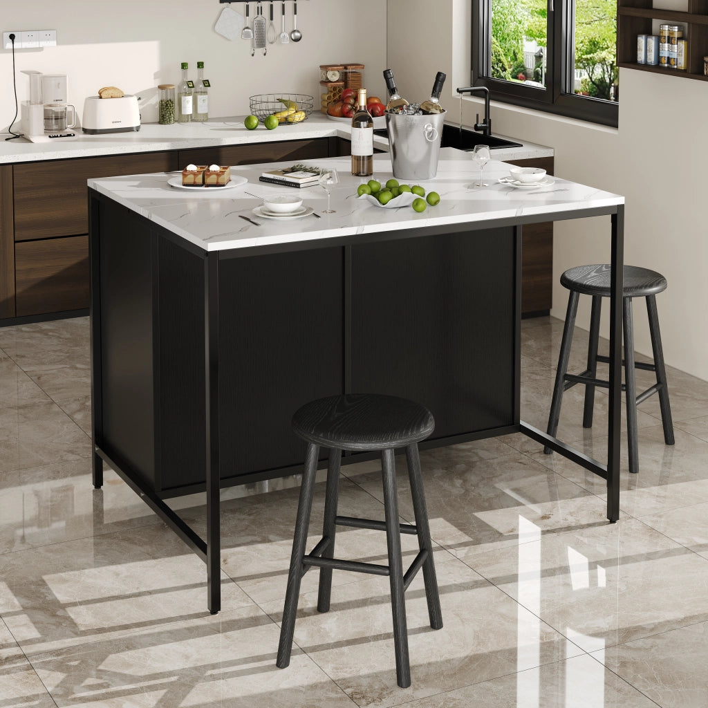 Stehtisch nero con piano effetto marmo, 100 x 90 x 90 cm, in MDF con gambe in ferro, con cassetti e vani regolabili