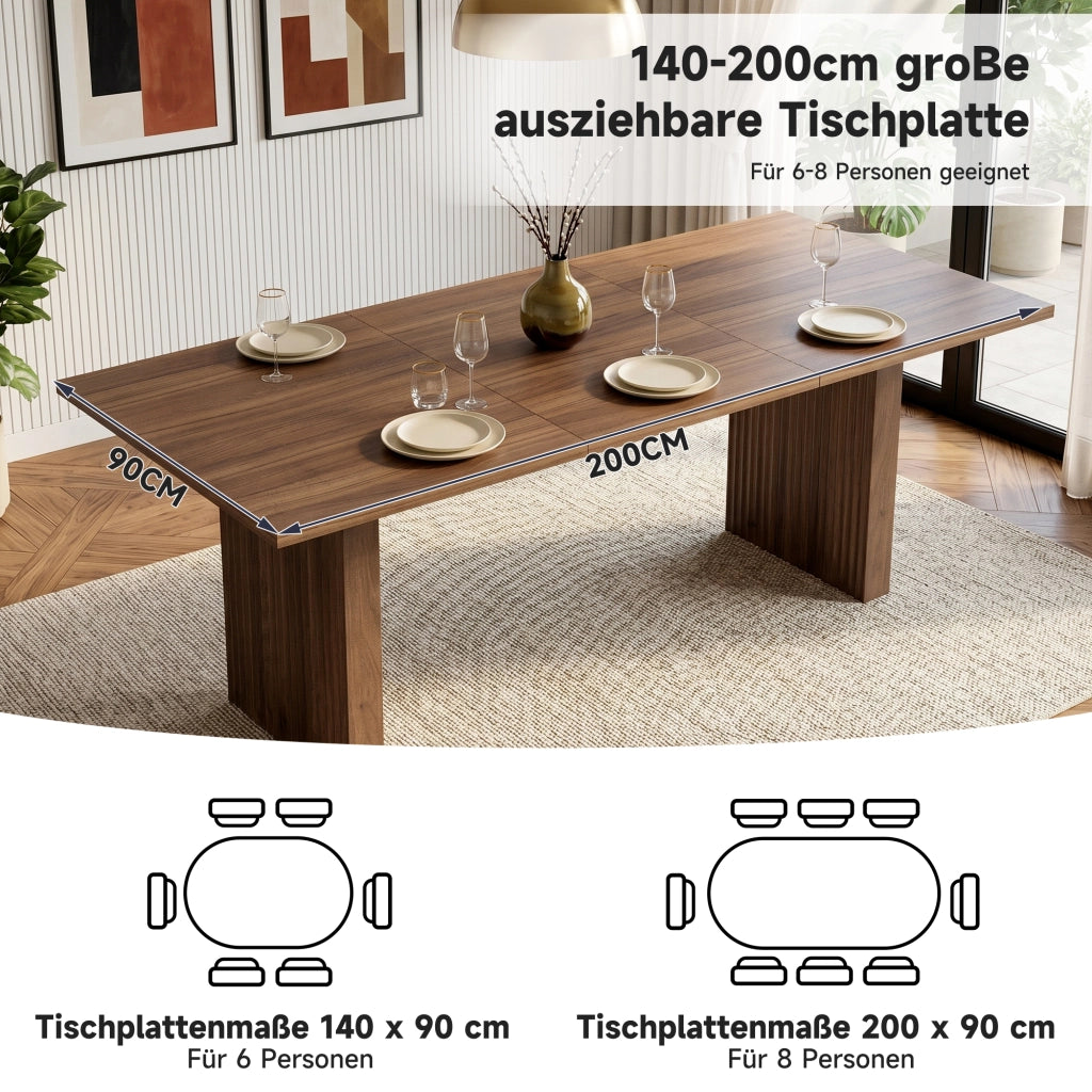 Tavolo da pranzo allungabile 140-200 cm; piano rettangolare 3 cm; gambe sincronizzate; MDF noce