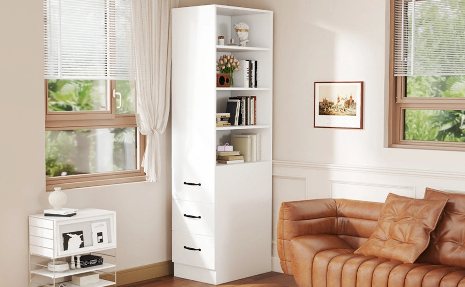 Libreria sottile 180 cm con cassetti laterali e ripiani regolabili, salvaspazio per piccoli ambienti