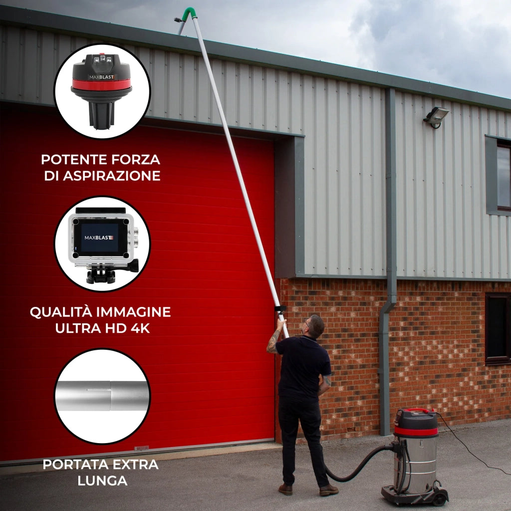 Kit aspiratore 80L + aste 7,2m + telecamera 4K per pulizia grondaie