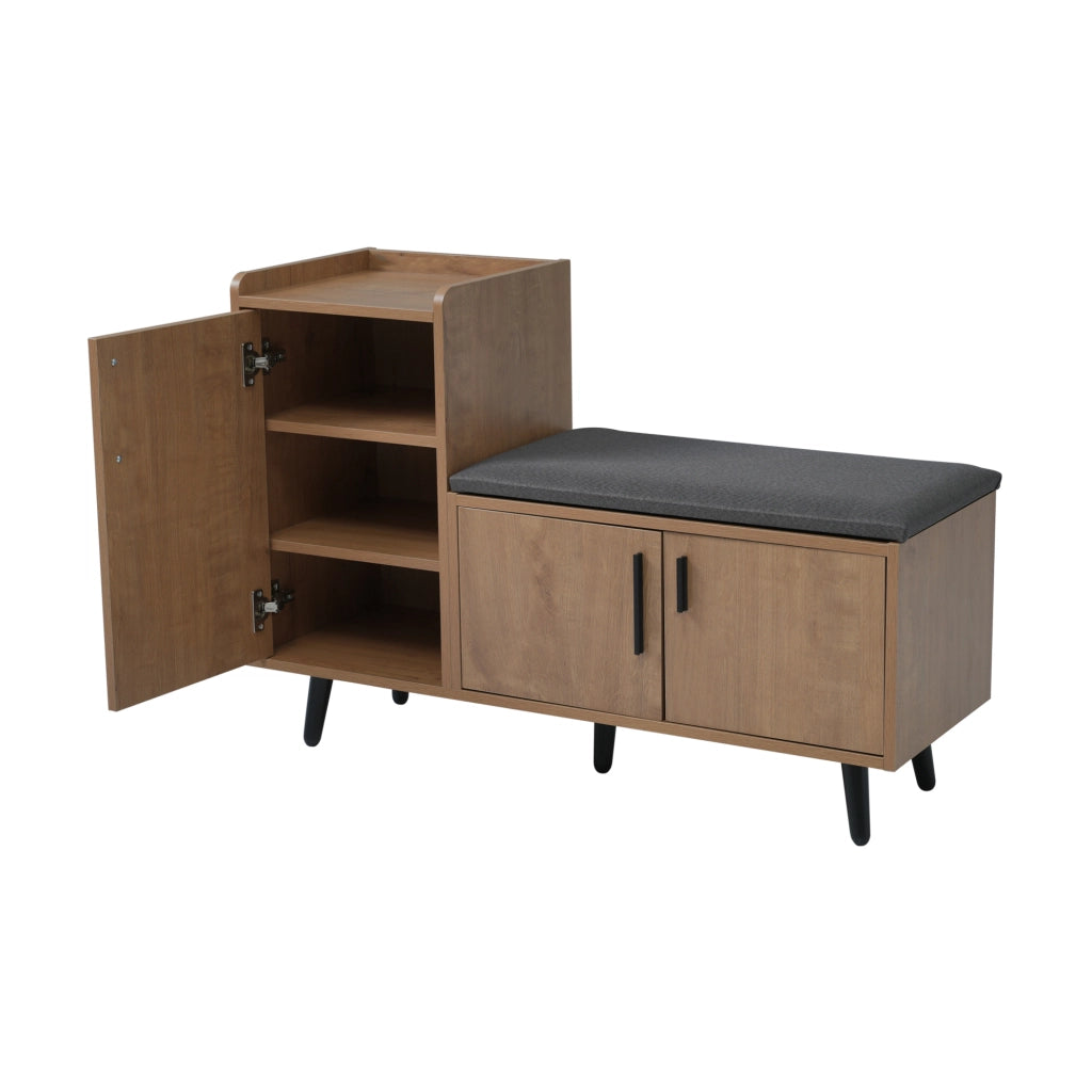 Panca Porta Scarpe Moderna in Legno con Tre Ante e Maniglie Asimmetriche in Metallo, 100x34x69 cm, Colore Naturale