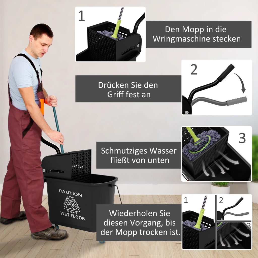 Secchio lavapavimenti 20 L con strizzatore estraibile e ruote, carrello pulizie in plastica con divisorio e manico, nero
