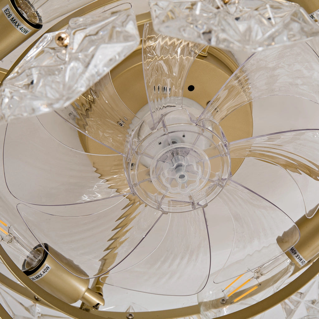 Ventilatore da soffitto 19" con lampadario a cristallo dorato, 6 velocità, motore DC silenzioso, controllo app e telecomando