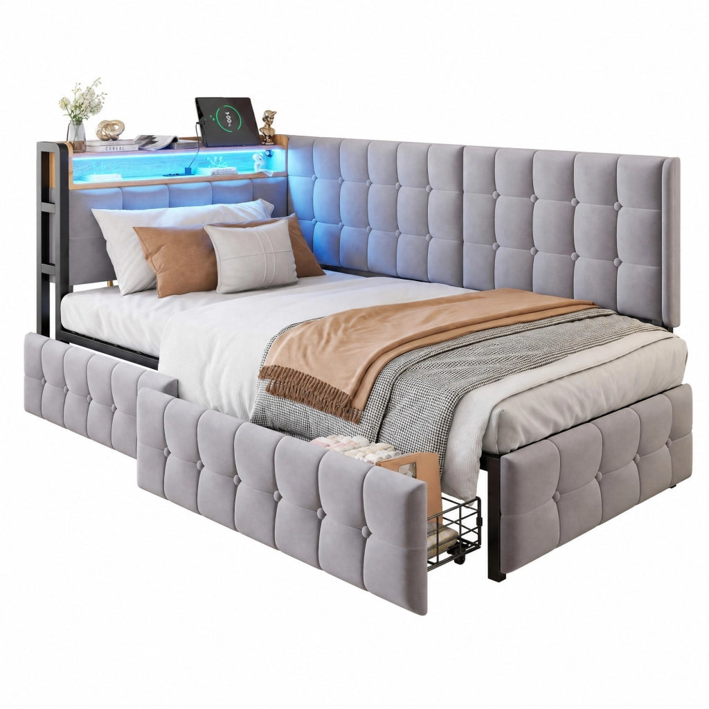Divano letto imbottito 90x200 cm grigio con LED, USB-C e 2 cassetti