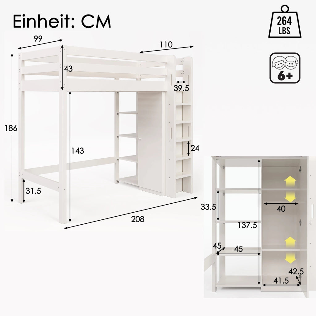 Letto a castello 90 x 200 cm con armadio e 6 ripiani, bianco, senza materasso