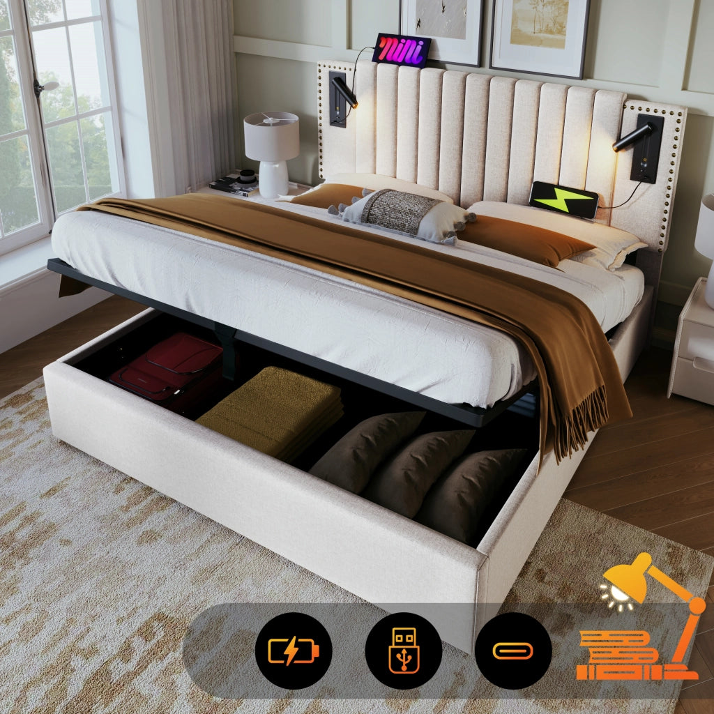 Letto contenitore matrimoniale 160×200 cm con testiera regolabile, luce lettura e USB Type-C, materasso incluso, beige