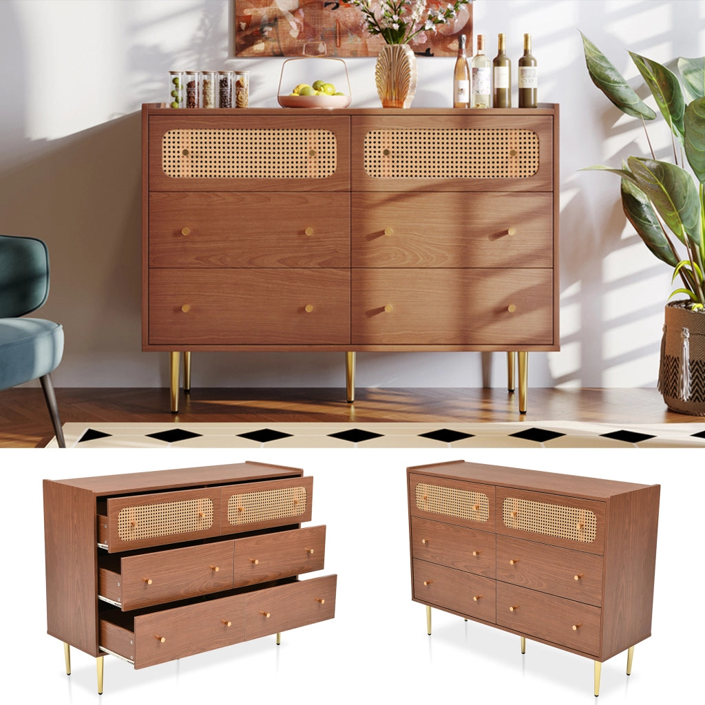 Cassettiera con 6 cassetti e 2 pannelli in rattan, finitura noce, per camera da letto, legno e metallo, 120 × 40 × 90 cm