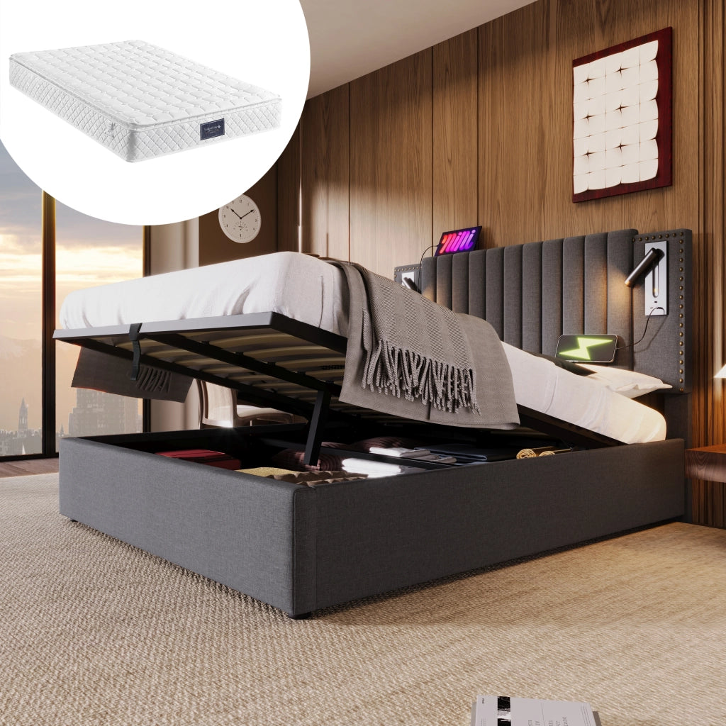 Letto imbottito 140x200 con contenitore; grigio