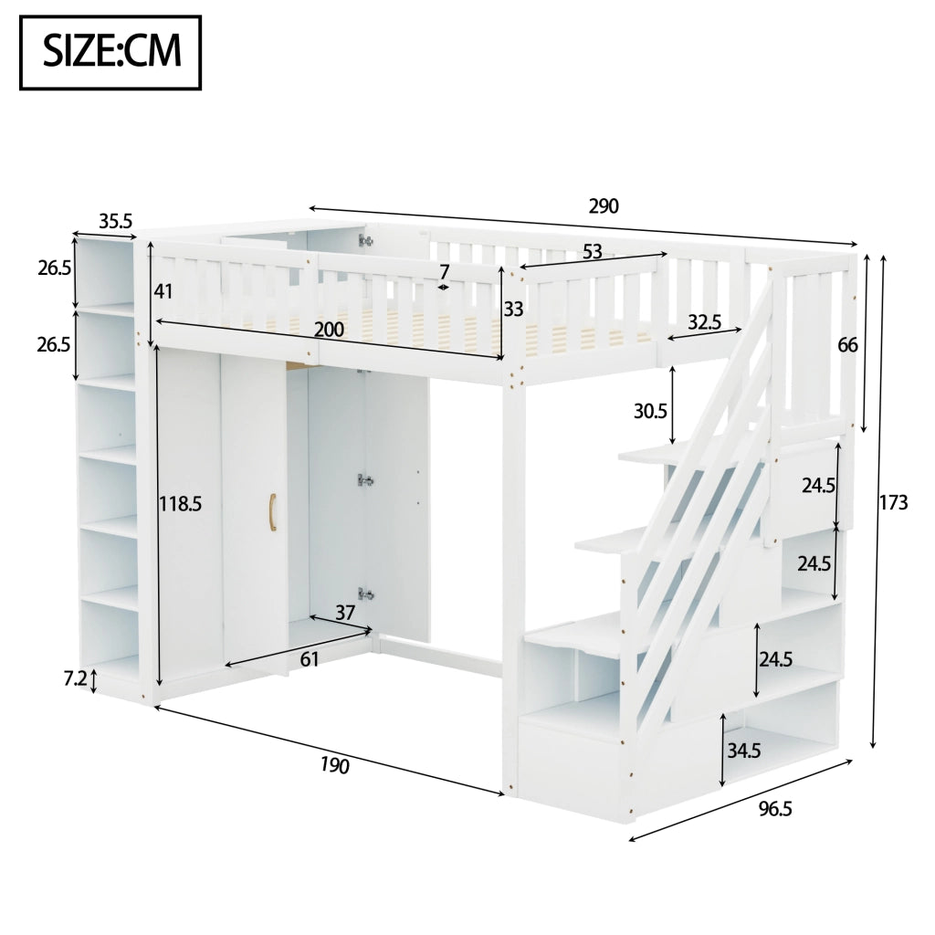 Letto a Soppalco 90x200 cm con Armadio, Mensole e Scala con Ripiani, Bianco
