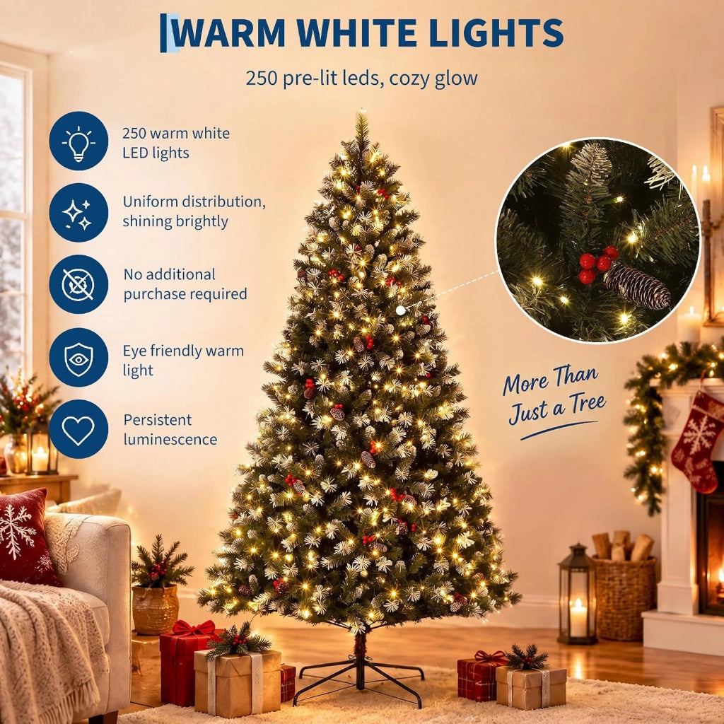 Albero di Natale Innevato 180cm con 250 LED Bianco Caldo Pigne e Bacche 818 Rami Pieghevoli