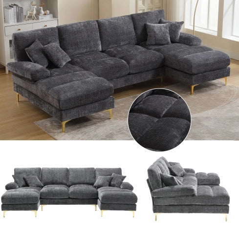 Divano modulare moderno a forma di U in chenille con doppie sedute reclinabili, struttura in legno e piedi in metallo dorato, 272x136x88 cm