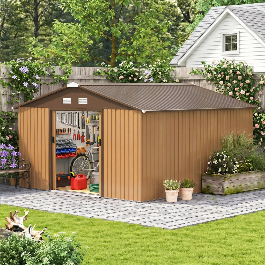 Casetta da Giardino con 2 Porte Scorrevoli e 4 Prese d'Aria in Acciaio, 340x386x200cm, Giallo