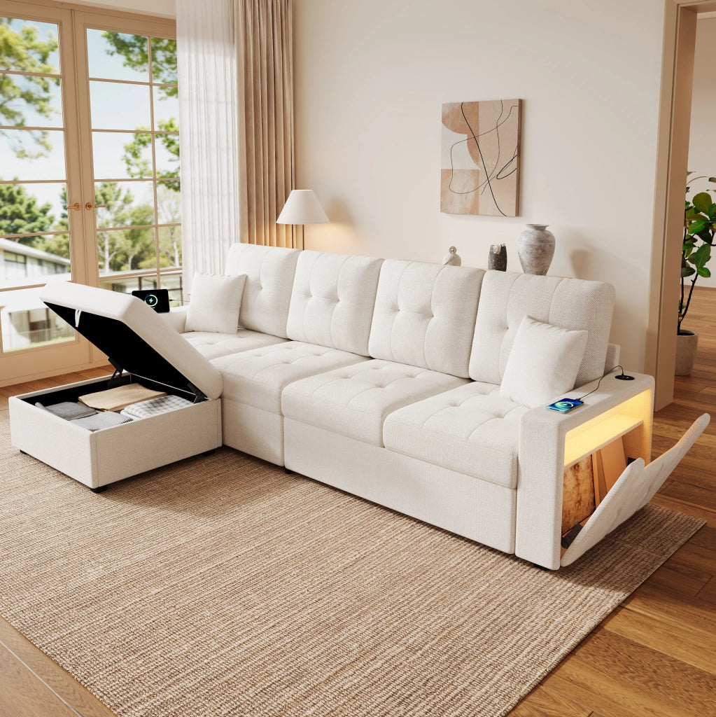 Divano 4 posti con pouf contenitore, USB e Type-C, LED, beige