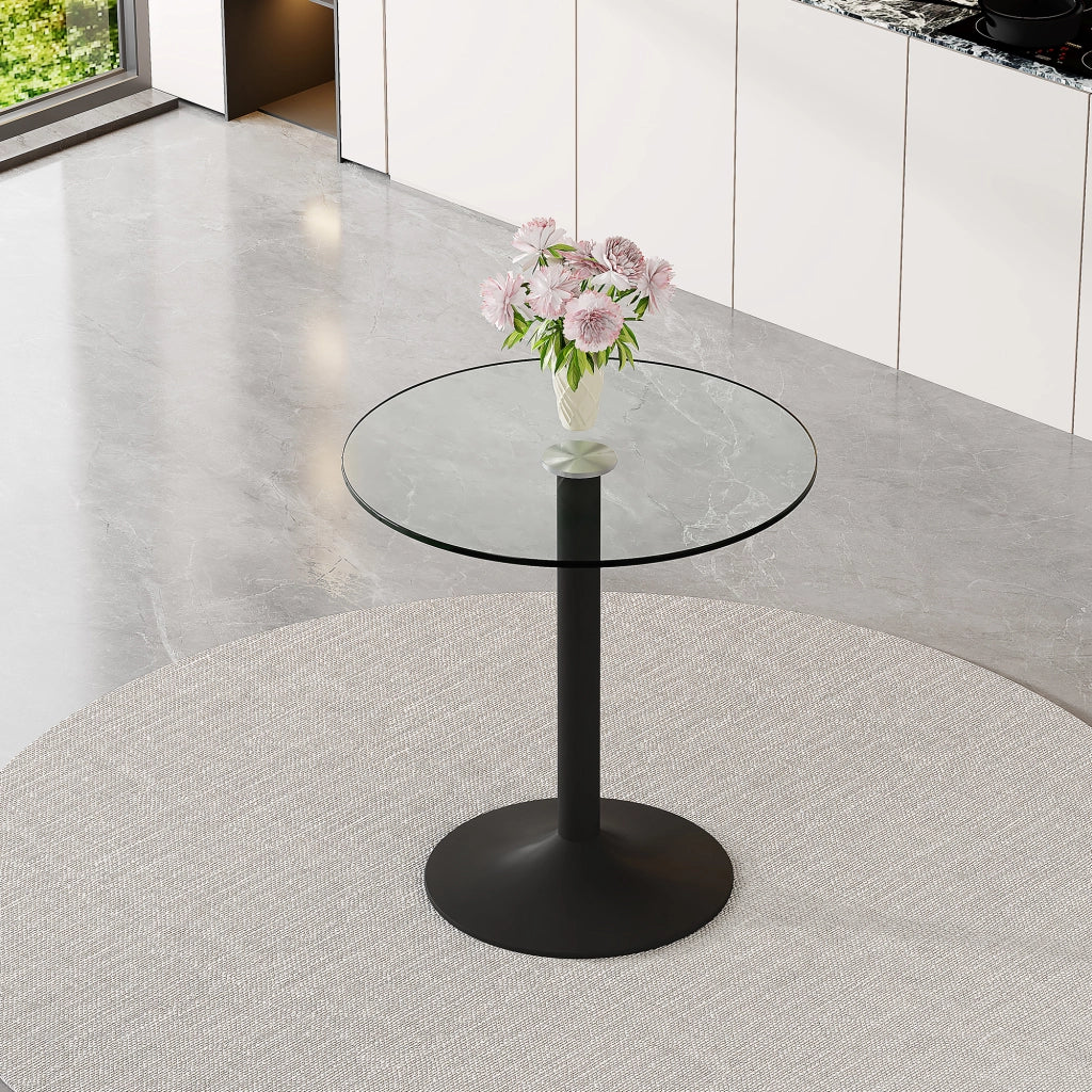 Tavolo alto rotondo con piano in vetro trasparente e base in metallo nero diametro 89 cm altezza 92 cm