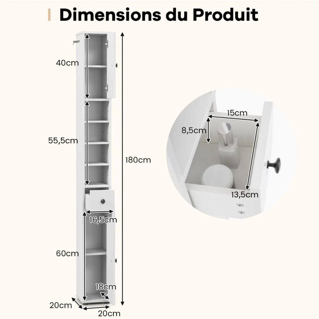 Armadio alto da bagno a colonna, 180 cm, 2 ante e 1 cassetto, MDF bianco, salvaspazio per casa