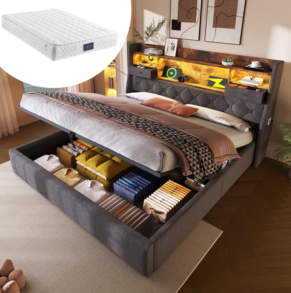 Letto matrimoniale 140x200 cm in lino grigio con contenitore LED e materasso