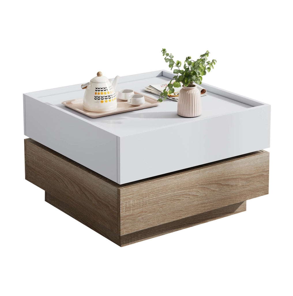 Tavolino da caffè 60x60x38 cm; girevole 360°; con cassetti; truciolare bianco e noce