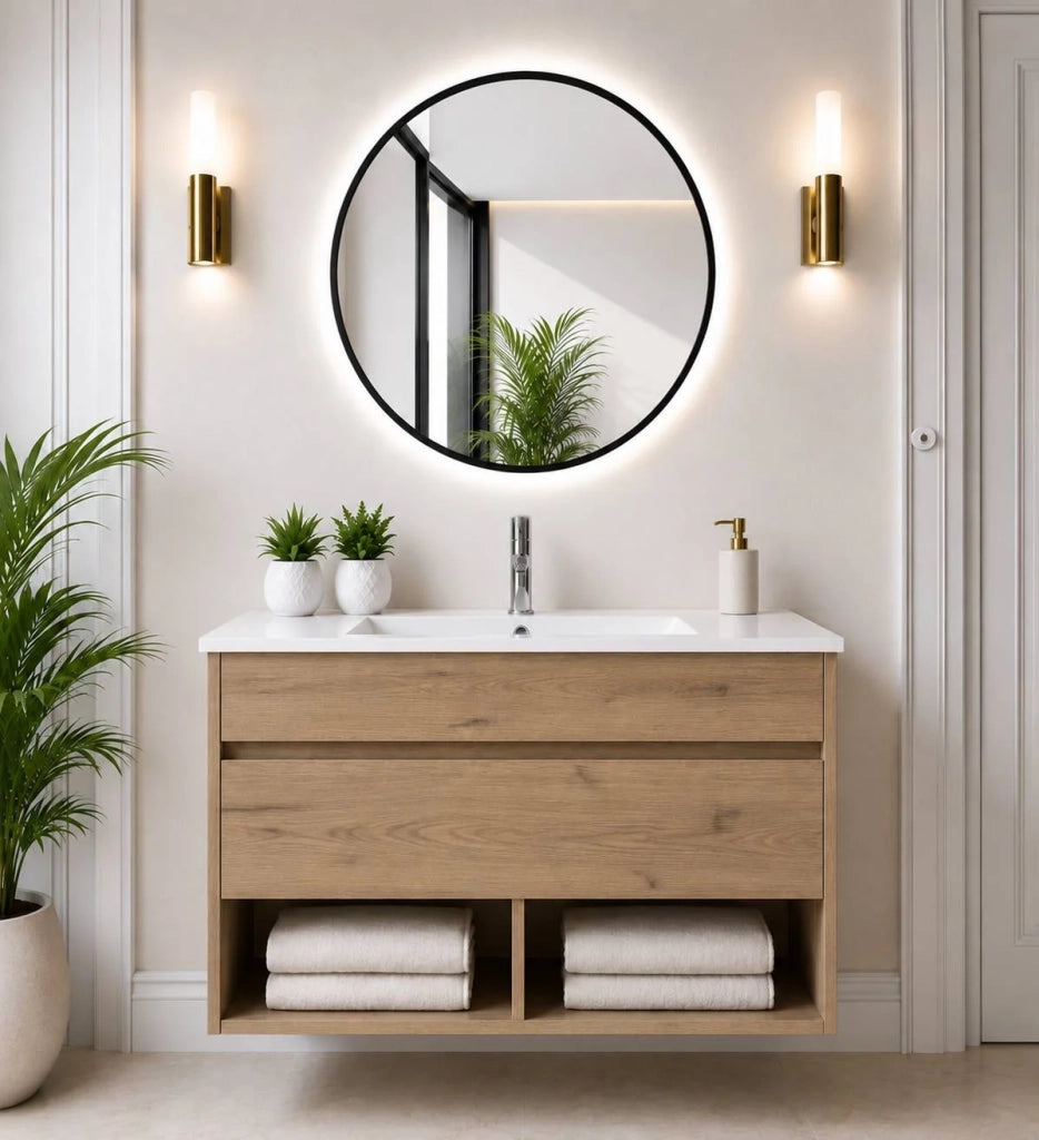 Mobile bagno sospeso con lavabo ORIGENBATH NEBARI con cassetto con colonna 70x40 cm estepa con colonna