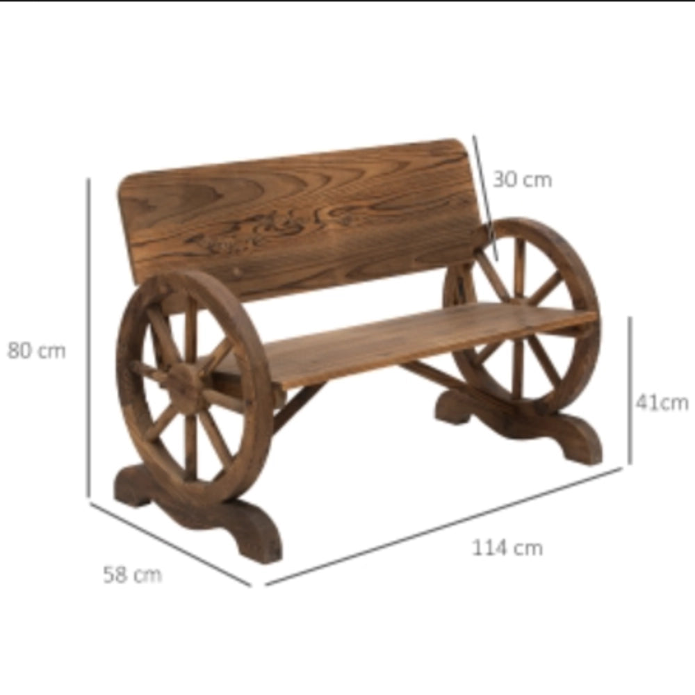 Panchina da giardino in legno massello; braccioli a ruota di carro; 114 x 58 x 80 cm; marrone scuro