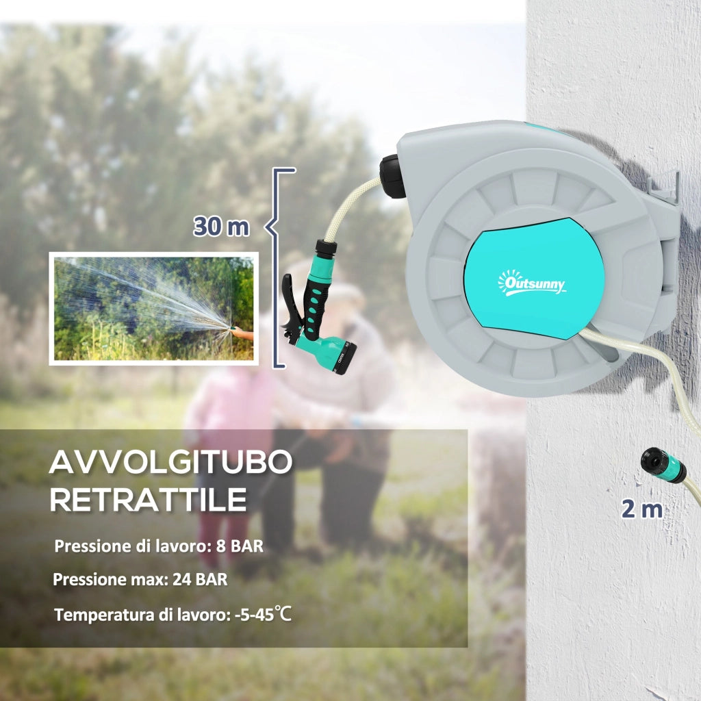 Avvolgitubo Automatico a Parete e Portatile Lunghezza 30+2 m con Sistema di Blocco e 7 Getti Verde e Grigio
