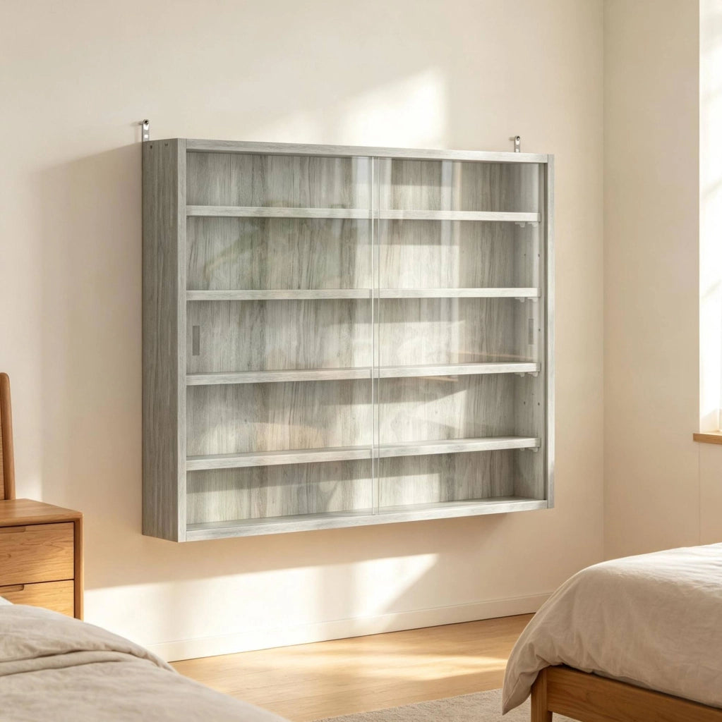 Vetrina da parete moderna in truciolato e vetro 80x9,5x60 cm grigia con 4 ripiani regolabili