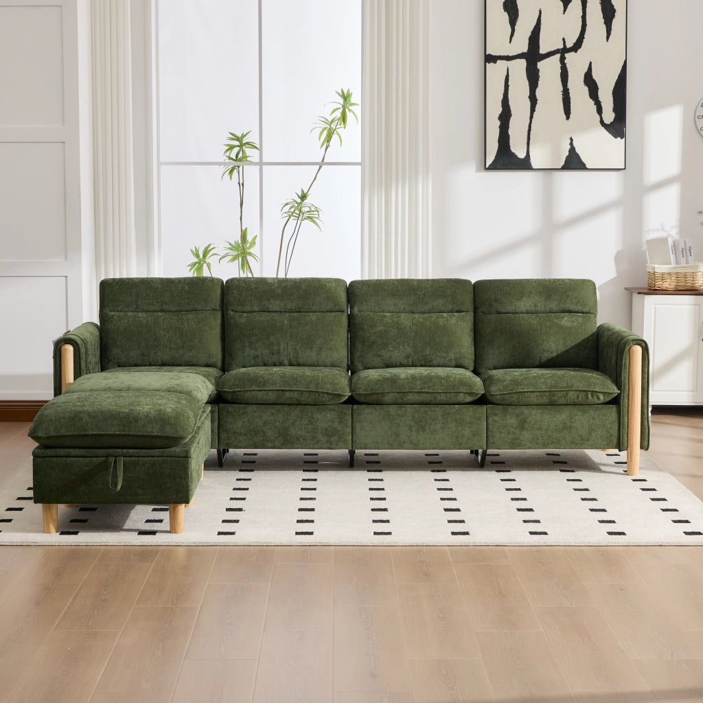 Divano modulare U a 4 posti - con contenitore e cuscini laterali - in chenille verde