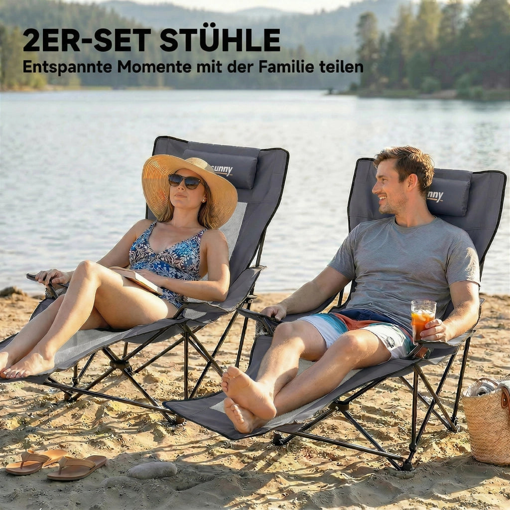 Set 2 Sedie da Campeggio Pieghevoli Grigio Scuro con Schienale Regolabile Poggiapiedi Portabicchieri e Poggiatesta per Giardino Pesca