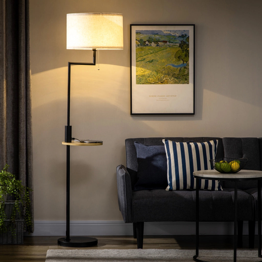 LAMPADA A STELO con ripiano e USB Ø40 x 168 cm bianca in acciaio e bambù