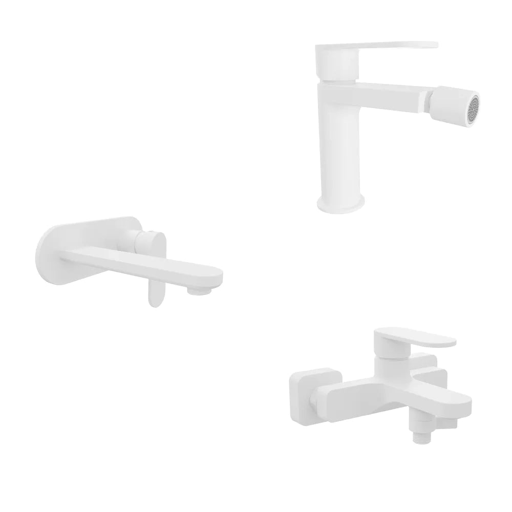 Set miscelatori lavabo ad incasso placca stondata bidet miscelatore esterno vasca bianco opaco | Margot