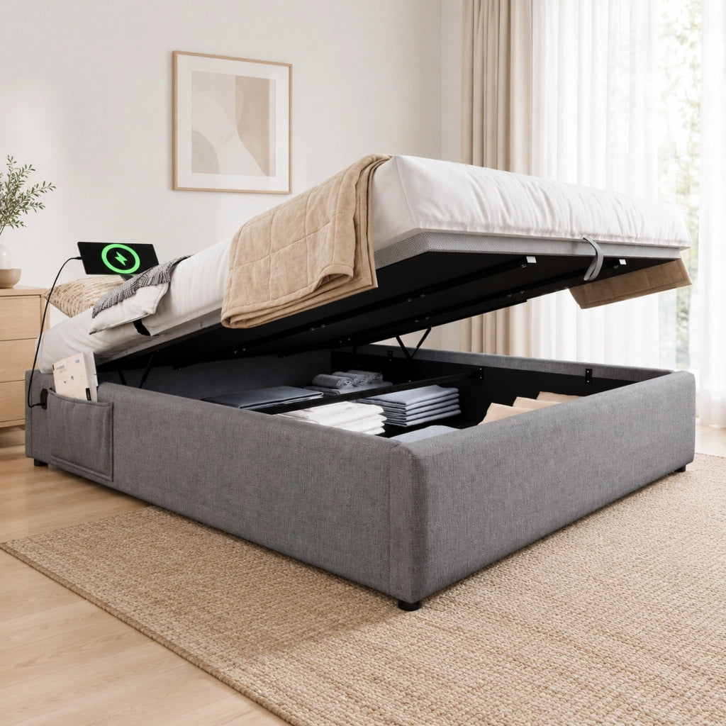 Letto matrimoniale 160x200 cm in cotone e lino grigio con vano e USB-C, senza materasso