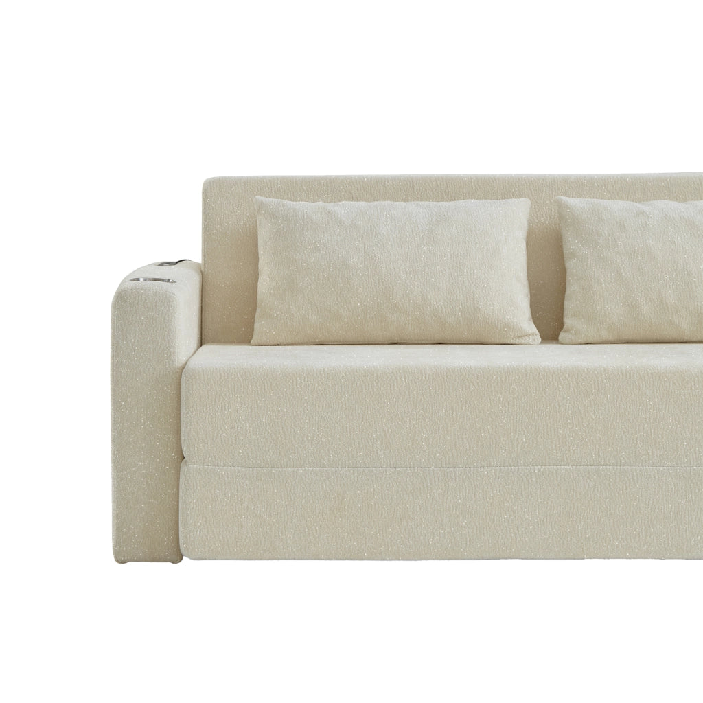 Divano letto 2 posti pieghevole con USB e portabevande in ciniglia beige