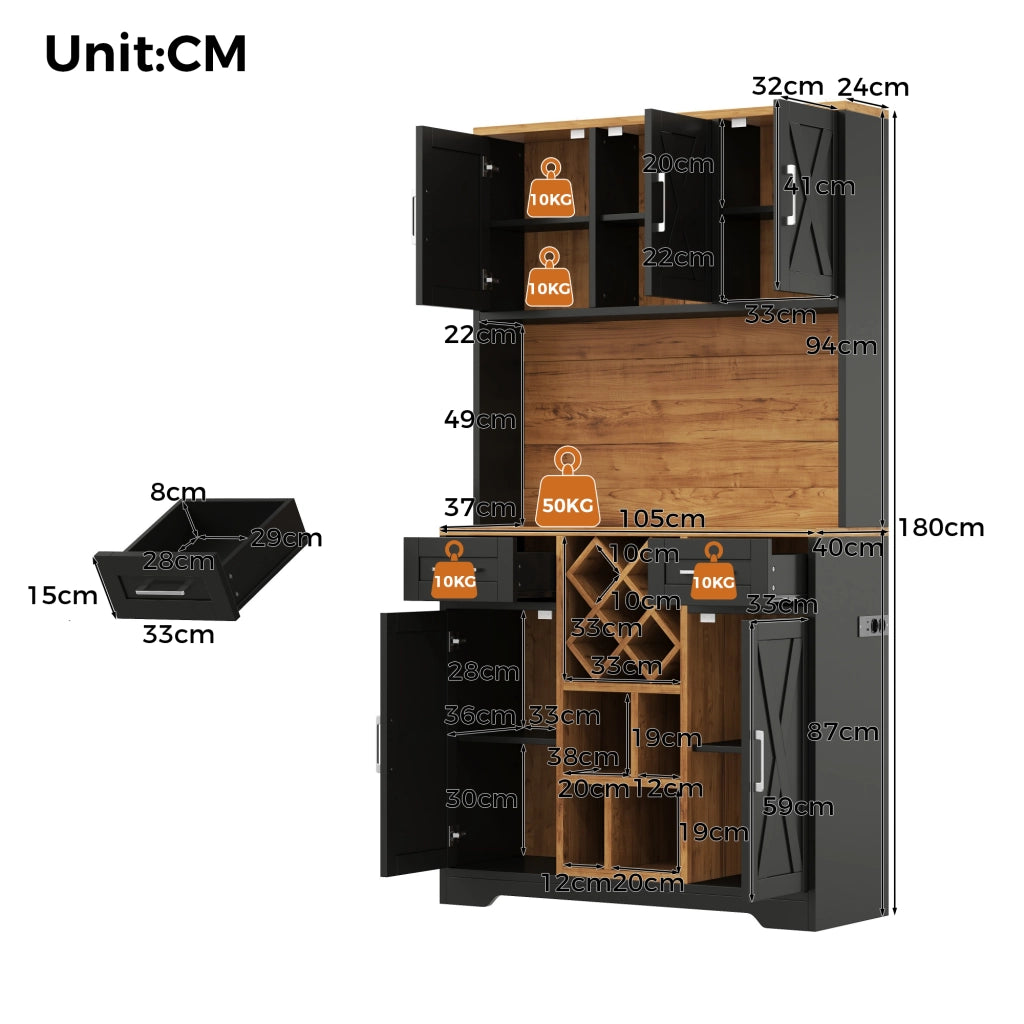 Mobile per Cucina con Scomparti e Portavino ¨C Minimal ¨C Legno Multistrato 180x105x40 cm
