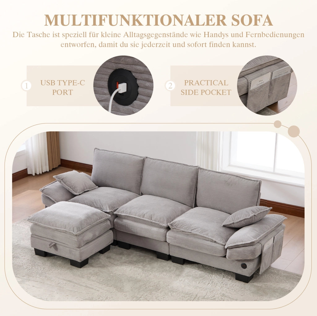 Divano modulare 3 posti con pouf in velluto a coste grigio chiaro