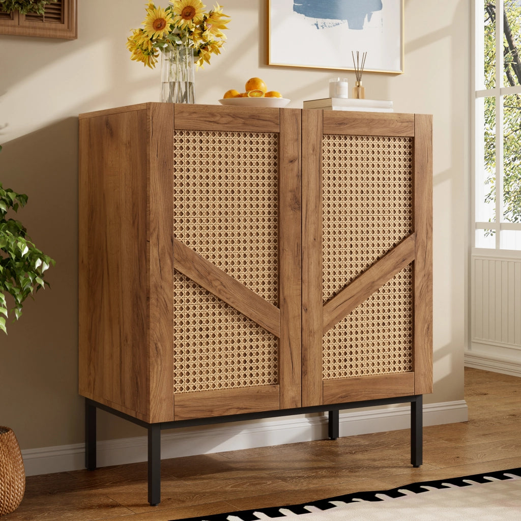 Credenza 70 cm 2 ante con 2 ripiani regolabili in truciolare e rattan PE per soggiorno e ingresso colore naturale