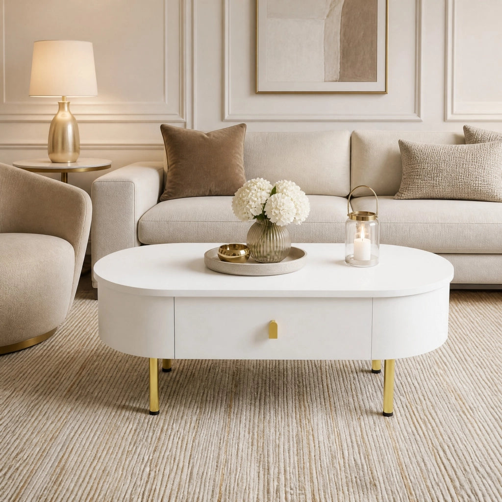 Tavolino da caffè moderno 108 cm con 2 cassetti; dettagli oro; bianco; MDF
