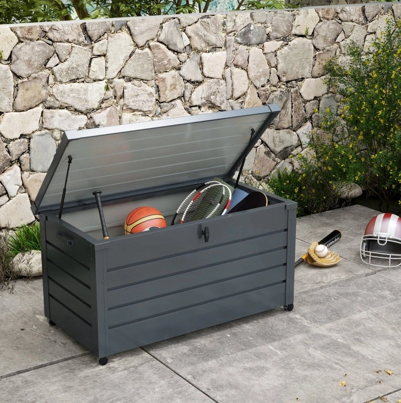 Cassapanca da Esterno in Acciaio Zincato, 311 L, con Ruote e Coperchio Bloccare, 120x62x66 cm, Grigio Scuro