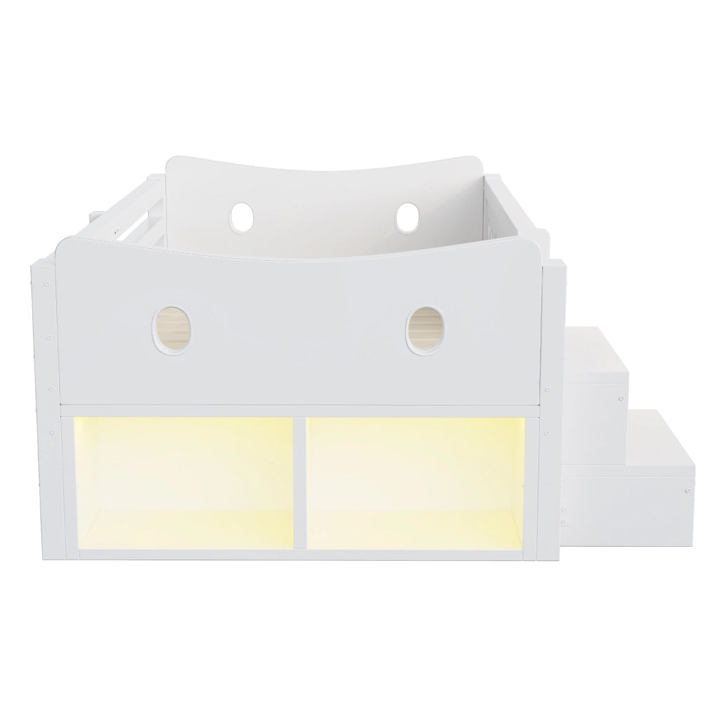 Letto con cassetti 90 × 200 cm con gradini laterali; barriere di protezione; LED; USB e porta Type-C in legno bianco