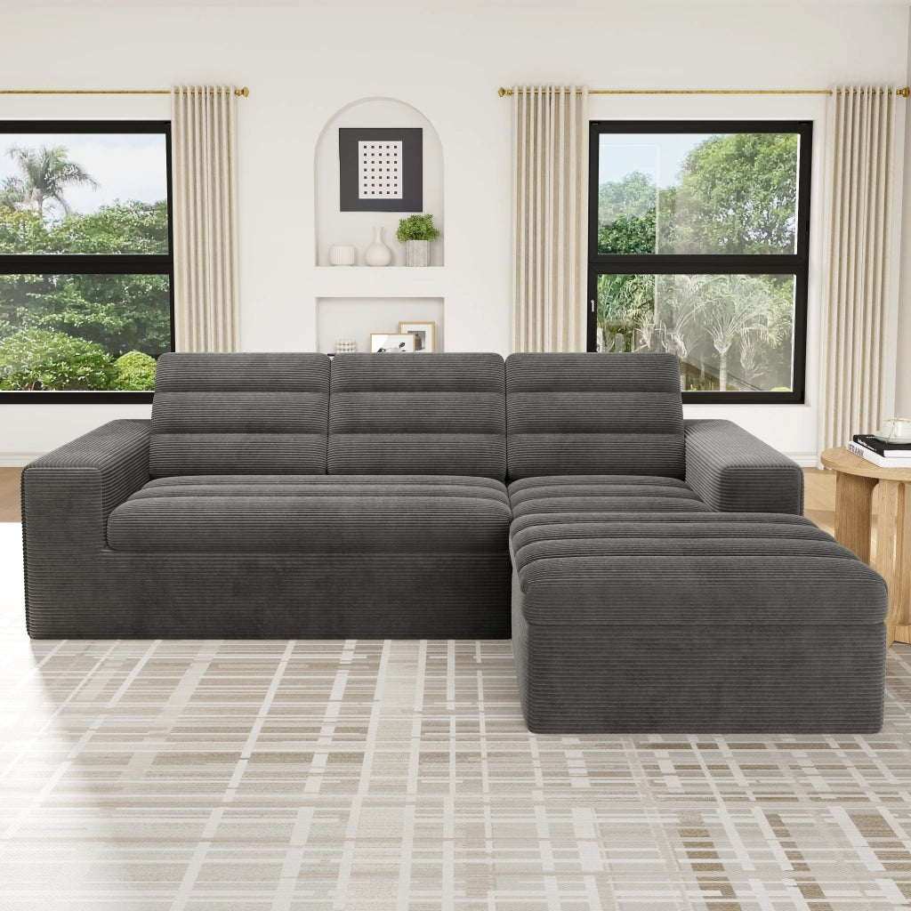 Divano angolare modulare 4 posti con pouf in velluto a coste grigio scuro