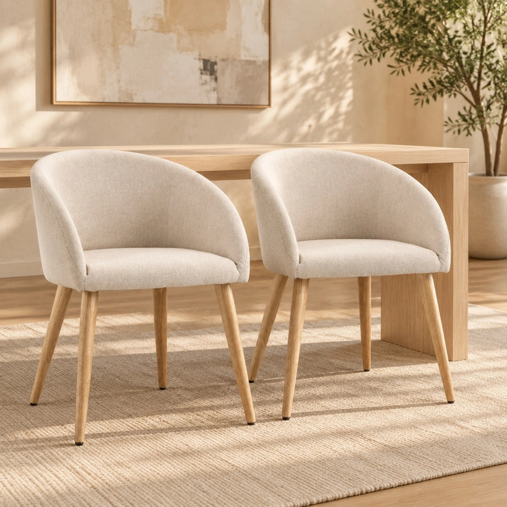 Set di 2 sedie da pranzo beige in tessuto testurizzato, gambe in legno, 55x56x74 cm