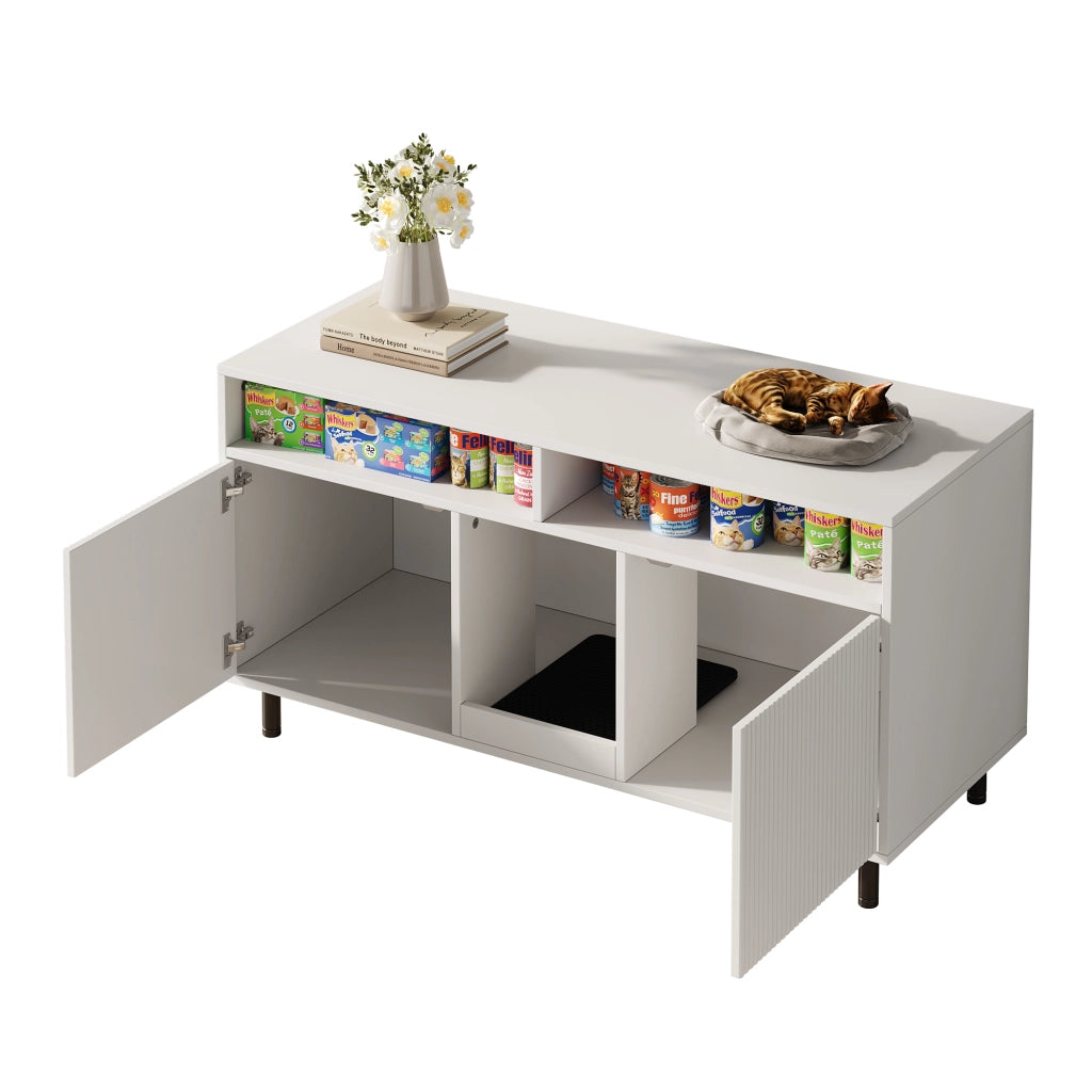 Mobile contenitore con 2 ante e ripiani con tappetino raccogli lettiera per soggiorno e ingresso; bianco; 120×50×66 cm