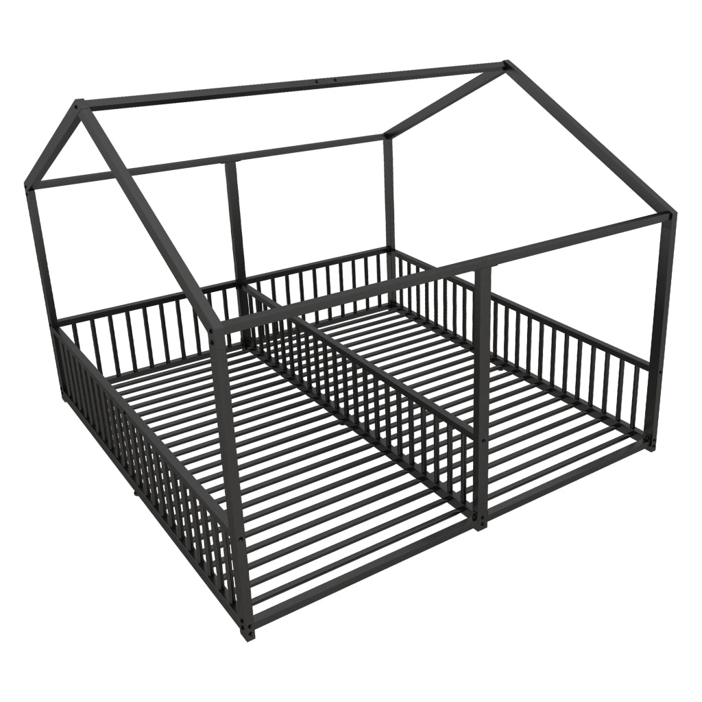 Letto gemellare a casetta in metallo 90x200 cm nero con sponde e scala per due bambini, senza materasso