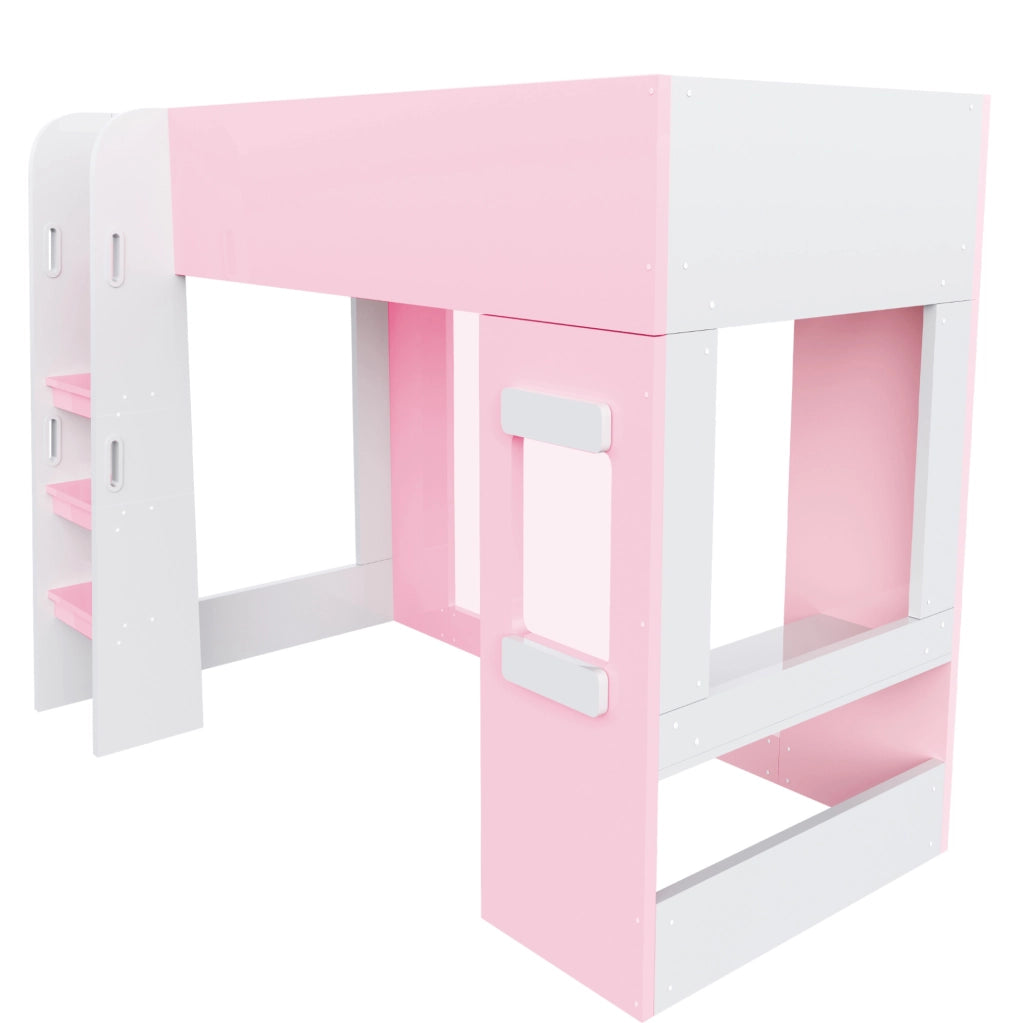 Letto a soppalco 90x200 cm con scrivania e LED in MDF e compensato rosa